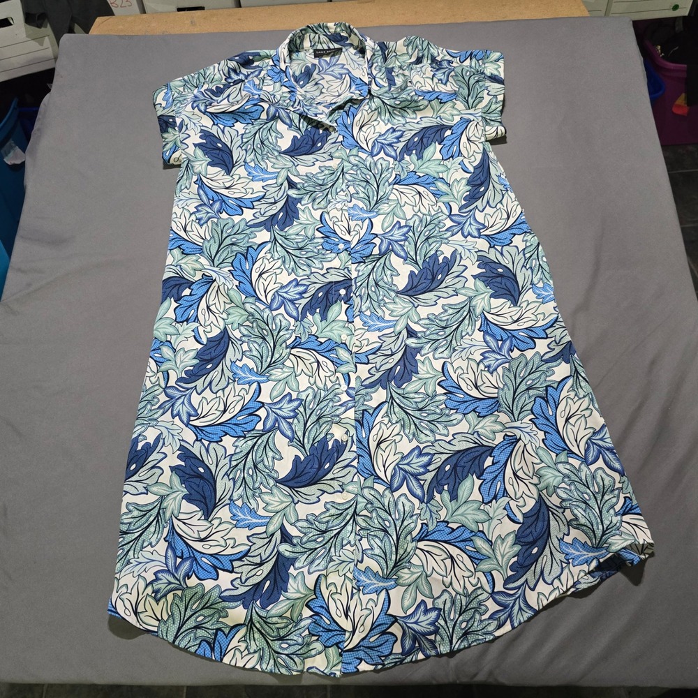 Lane Bryant Shirt Dress Womens 16 Blue Botanical Leaf Print Button Front Midi